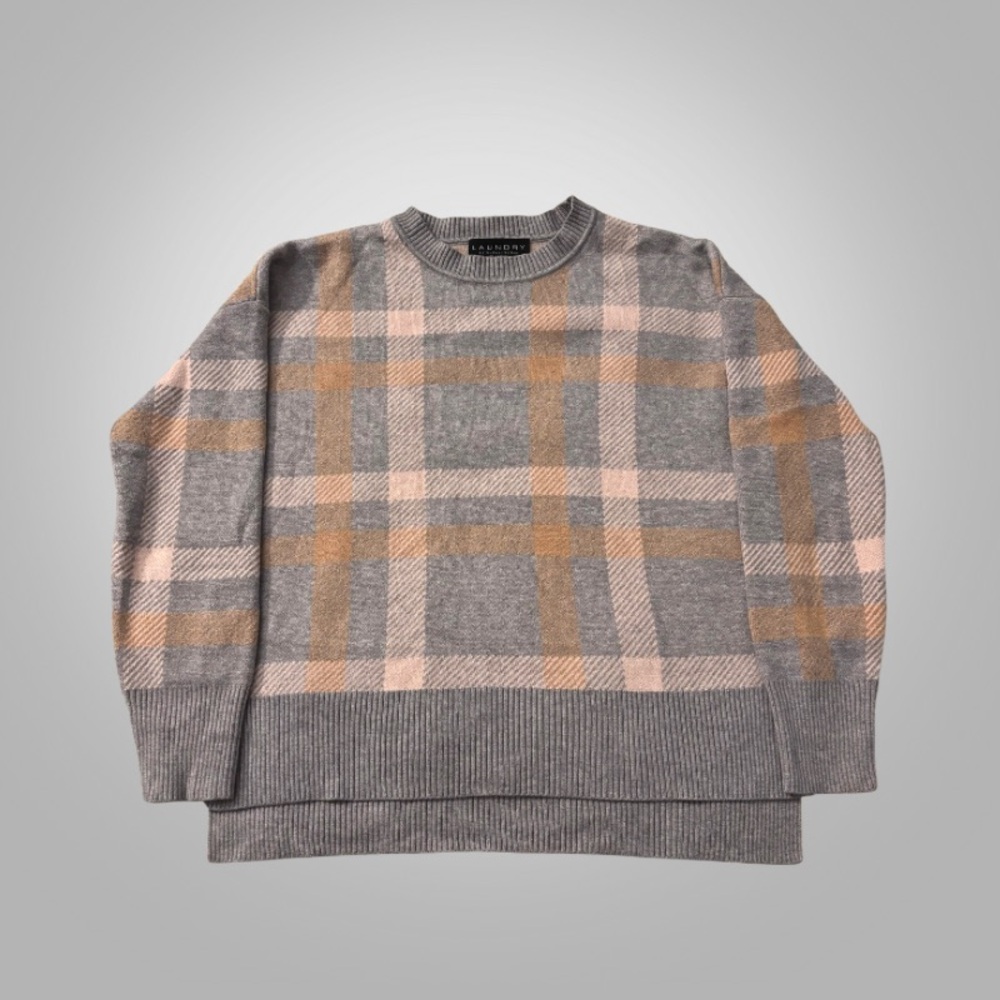 Laundry By Shelli Segal Gray and Light Pink Checkered Crewneck Sweater